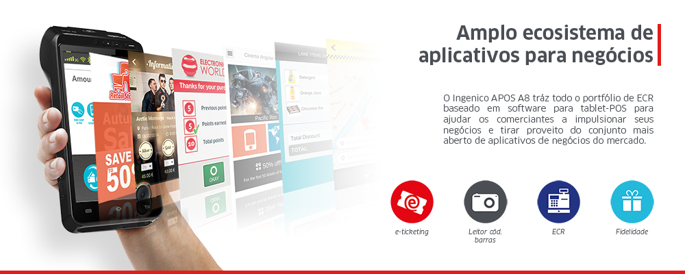 O Ingenico APOS A8 tráz todo o portfólio de ECR baseado em software para tablet-POS para ajudar os comerciantes a impulsionar seus negócios e tirar proveito do conjunto mais aberto de aplicativos de negócios do mercado.